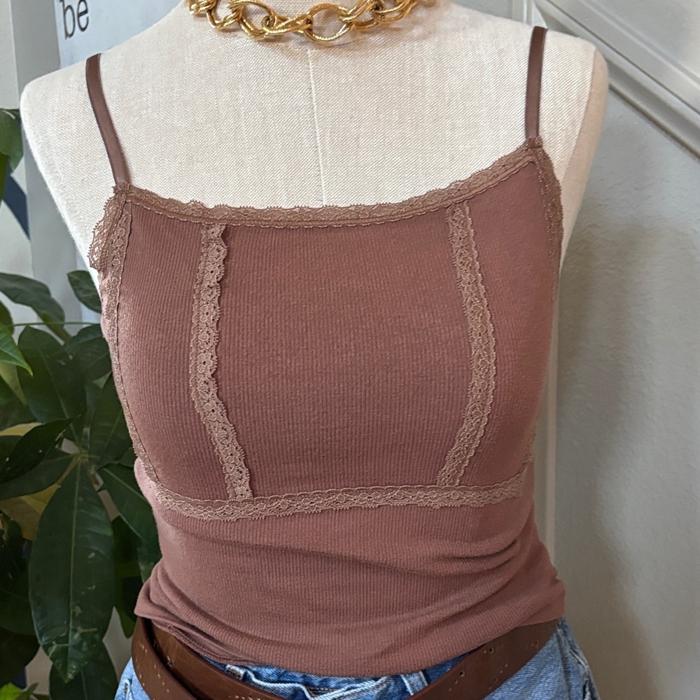 Urban outfitters Brown Tank Top W Lace Detail 🤩with Denim Shorts - Picture 5 of 8